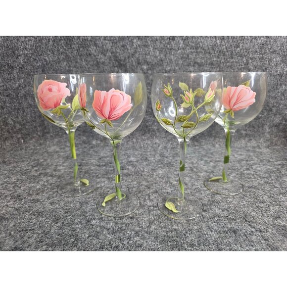 Set of 4 Hand-Painted Floral Wine Glasses Pink Flower Elegant Stemware 8.25" - Picture 1 of 7